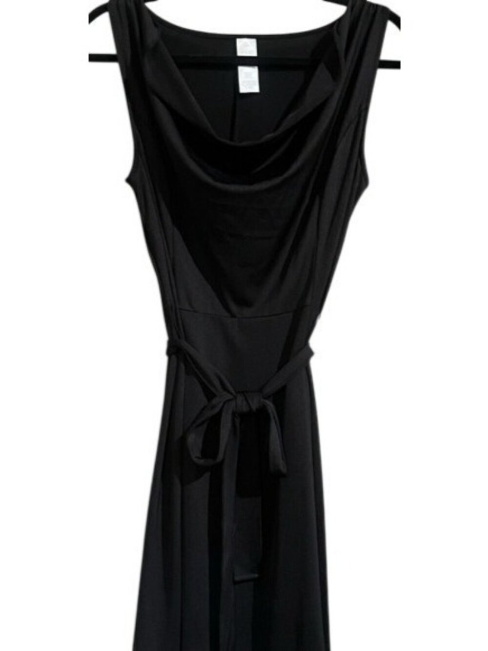 Women's Black Sleeveless Flattering Cowl Neck Midi Dress Self Tie Belt Size M - Picture 4 of 16